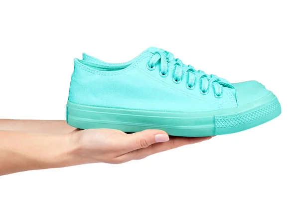 Baskets Caoutchouc Turquoise Avec Main Chaussures Décontractées Isolées Sur Fond — Photo