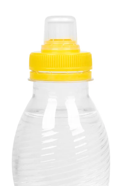 Прозрачная Бутылка Желтой Крышкой Белом Фоне — стоковое фото