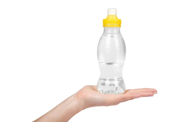 Transparent Water Bottle Yellow Cap Hand Isolated White Background — Stock Photo, Image