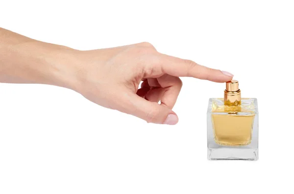 Frasco Perfume Dourado Com Mão Isolada Sobre Fundo Branco — Fotografia de Stock