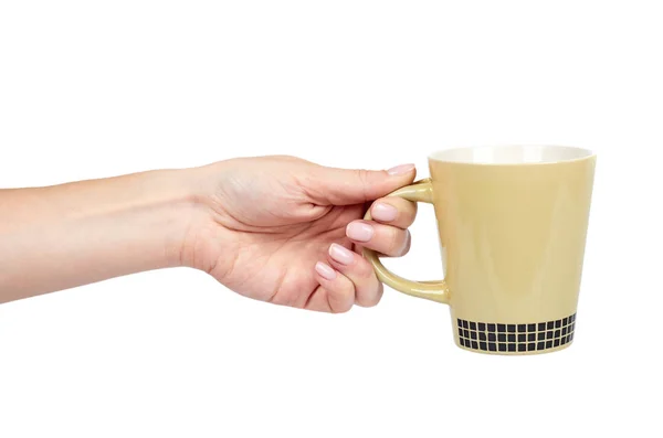 Porcalain Braune Teetasse Mit Hand Isoliert Auf Weißem Hintergrund — Stockfoto