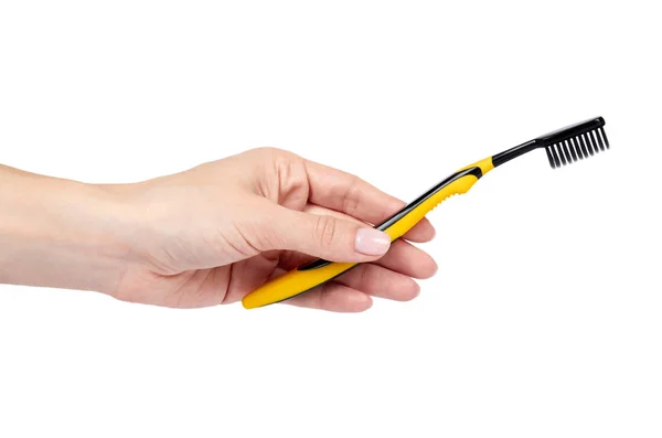 Black Yellow Soft Toothbrush Hand Isolated White Background — Stock Photo, Image