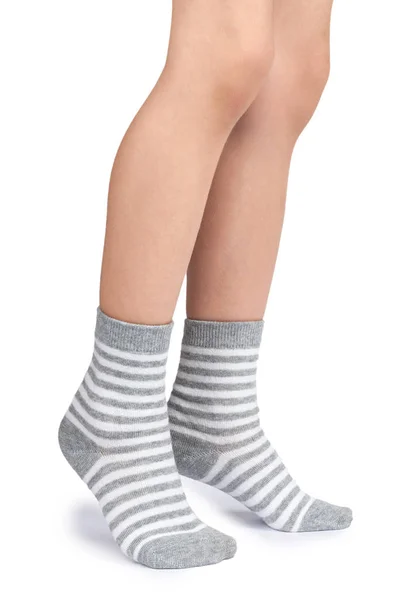 Kid Legs Striped Socks Isolated White Background — Stock Photo, Image