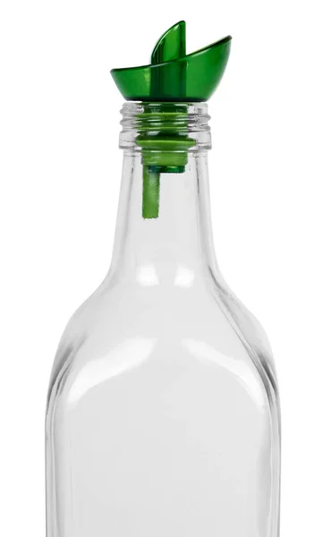 Lege Transparant Glas Olie Dispenser Geïsoleerd Witte Achtergrond — Stockfoto