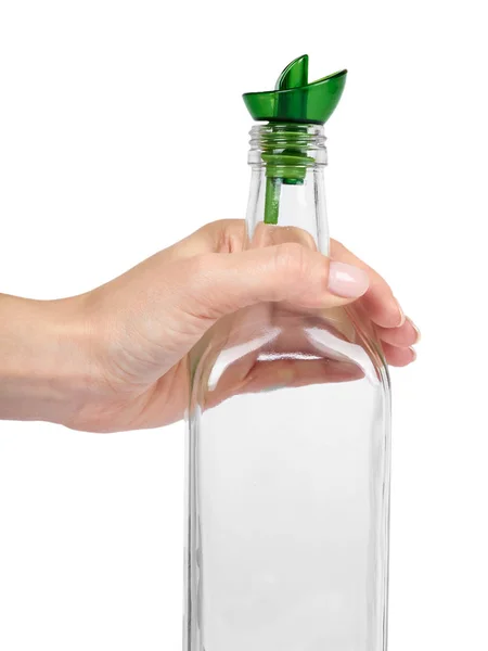 Lege Transparant Glas Olie Dispenser Met Hand Geïsoleerd Witte Achtergrond — Stockfoto