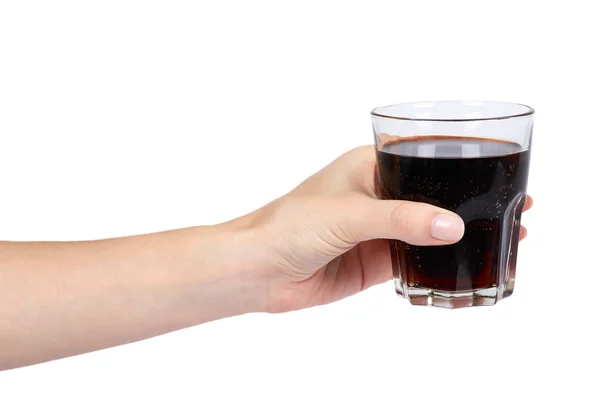 Bebida Cola Vaso Con Mano Aislada Sobre Fondo Blanco — Foto de Stock