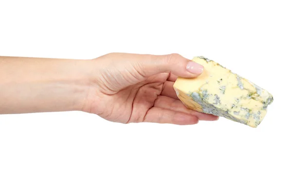 Stück Milchigen Blauschimmelkäse Mit Hand Isoliert Auf Weißem Hintergrund — Stockfoto