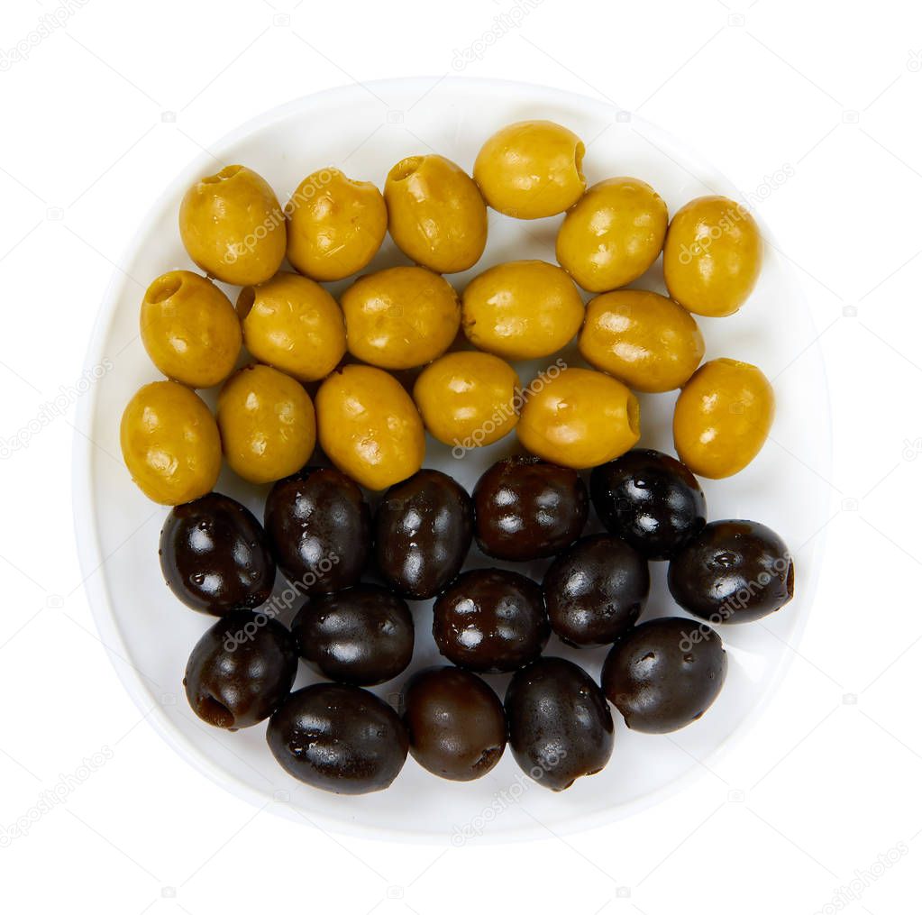 Organic olive berry on plate isolated on white background.