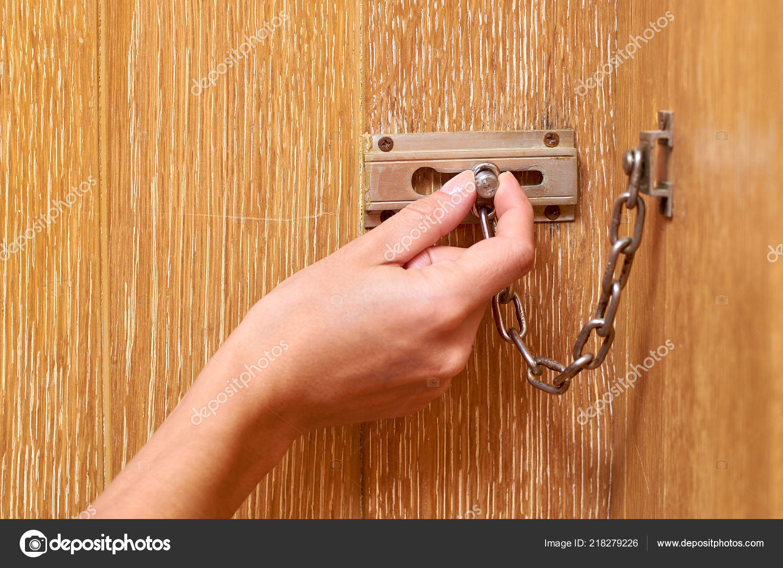 Metal Chain Lock Hand Wooden Front Door Stock Photo C Toxitz