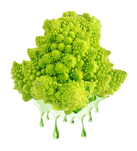 Broccoli Cattedrale Verde Con Succo Frutta Che Scende Esso Isolato — Foto Stock