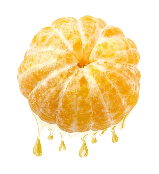 Mandarina Pelada Fruta Mandarina Con Jugo Que Cae Ella Aislado — Foto de Stock