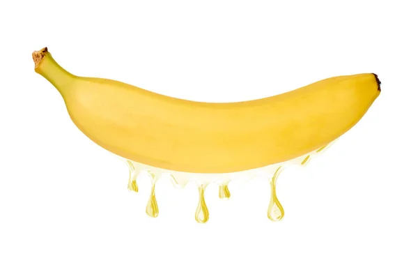 Mogen Banan Frukt Med Juice Släppa Från Det Isolerad Vit — Stockfoto