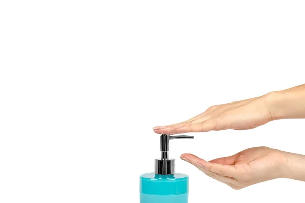 Blaue Händedesinfektionsmittel Seifenspender Mit Arm Isoliert Auf Weißem Hintergrund Kopiervorlage — Stockfoto