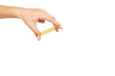 Sarı lastik bantlar yakın kadar beyaz zemin üzerine izole el ile alan şablon kopyalama