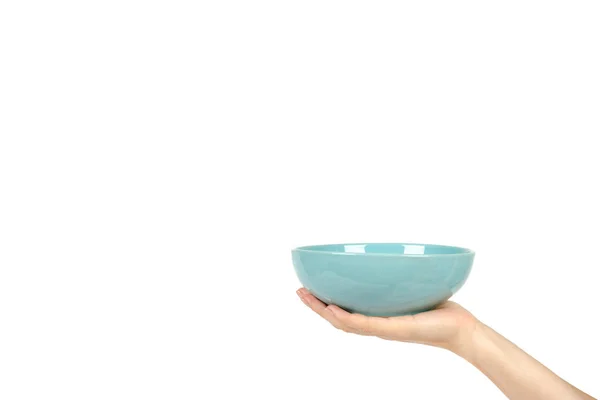 Blue Empty Ceramic Bowl Hand Isolated White Background Copy Space — Stock Photo, Image