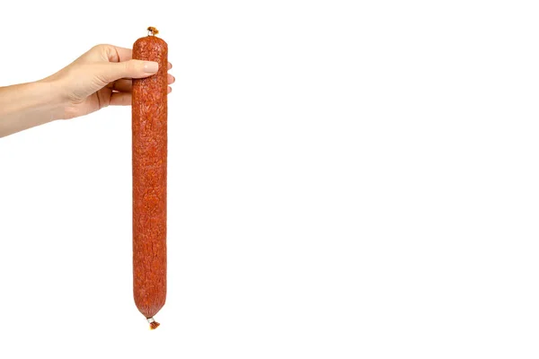 Gerookte Salami Worst Stuk Met Hand Geïsoleerd Een Witte Achtergrond — Stockfoto