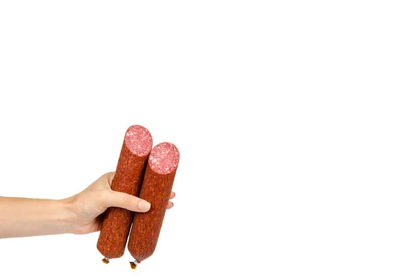 Geräuchertes Wurststück Mit Hand Isoliert Auf Weißem Hintergrund Kopiervorlage — Stockfoto