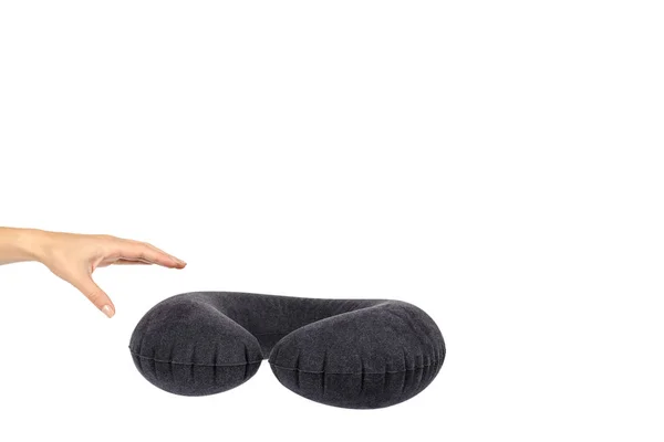 Inflatable Neck Pillow Hand Comfort Travel Isolated White Background Copy — Stock Photo, Image