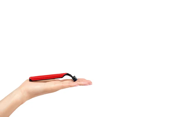 Red Disposable Shaving Razor Hand Isolated White Background Copy Space — Stock Photo, Image