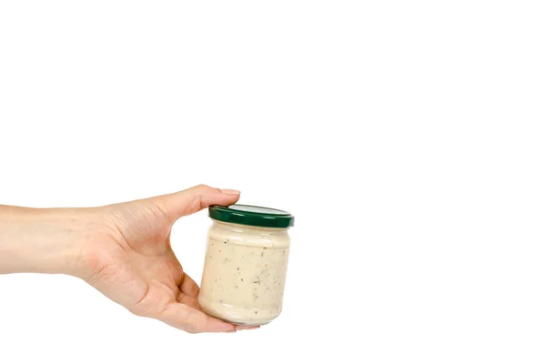 Saus Krem Dengan Truffle Untuk Pasta Dalam Botol Kaca Diisolasi — Stok Foto