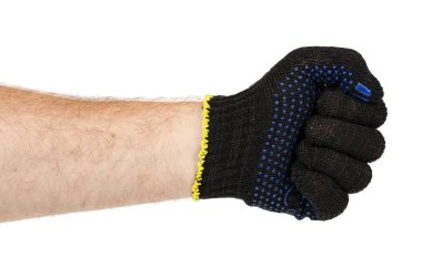 Koyu mavi koruyucu bez eldiven El, el ulağı ekipman ile. Beyaz arka plan üzerinde izole