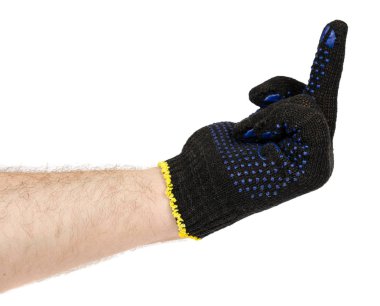 Koyu mavi koruyucu bez eldiven El, el ulağı ekipman ile. Beyaz arka plan üzerinde izole