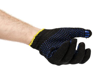 Koyu mavi koruyucu bez eldiven El, el ulağı ekipman ile. Beyaz arka plan üzerinde izole