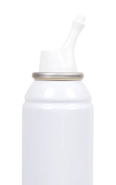 白い鼻洗浄スプレー ボトル 海水療法 白い背景に分離 — ストック写真