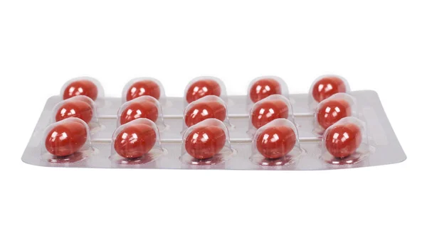 Cápsula Vitamina Vermelha Blister Medicamento Isolado Sobre Fundo Branco — Fotografia de Stock