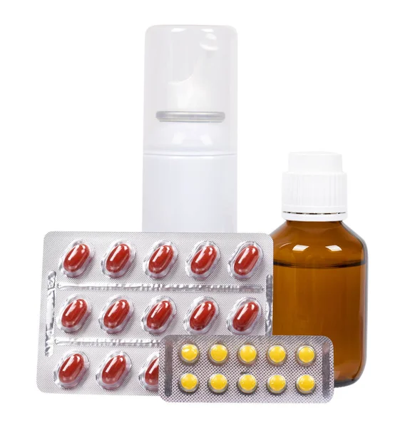 Flacone Con Medicinale Spray Nasale Sciroppo Antipiretico Pillole Farmaco Trattamento — Foto Stock