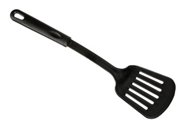 Siyah plastik mutfak spatula, yemek pişirmek için mutfak eşyaları. Beyaz arka plan üzerinde izole