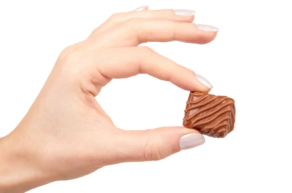 Hand Mit Schokoladenbonbons Süßes Dessert Nahaufnahme Isoliert Auf Weißem Hintergrund — Stockfoto