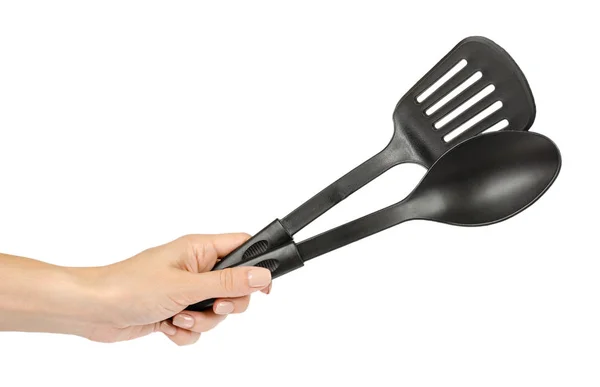 Hand Black Plastic Kitchen Spoon Spatula Kitchenware Cooking Isolated White — Stock Photo, Image