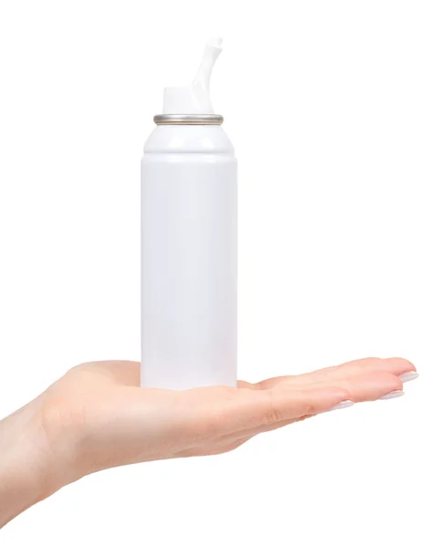Botella Lavado Nasal Blanca Con Mano Terapia Agua Mar Aislado — Foto de Stock