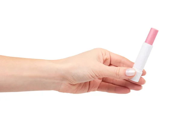 Mano Con Lápiz Labial Bálsamo Rosa Cuidado Labios Belleza Aislado —  Fotos de Stock