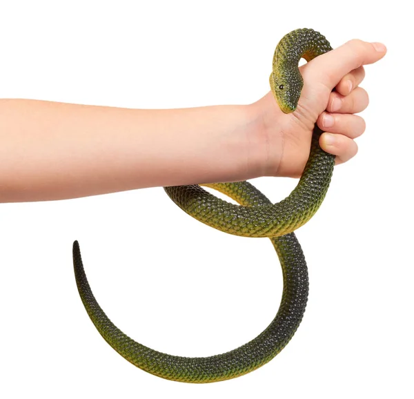 Mano Los Niños Con Falsa Serpiente Verde Juguete Animal Goma — Foto de Stock