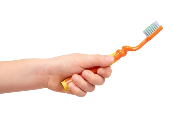 Kids Hand Orange Toothbrush Dental Care Concept Isolated White Background — Stock Photo, Image