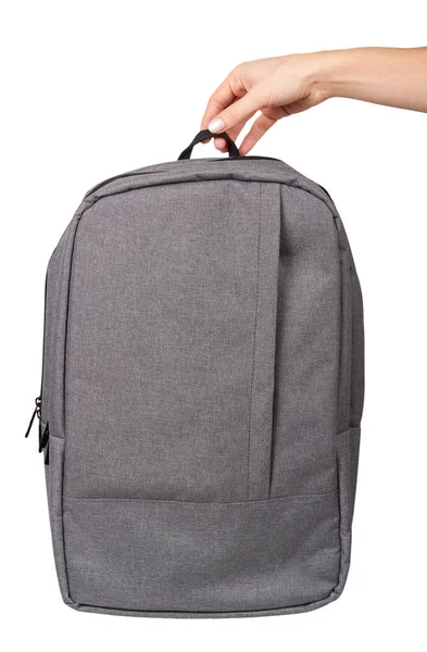 Hand Gray Textile School Bag City Street Backpack Isolated White — Stock Photo, Image