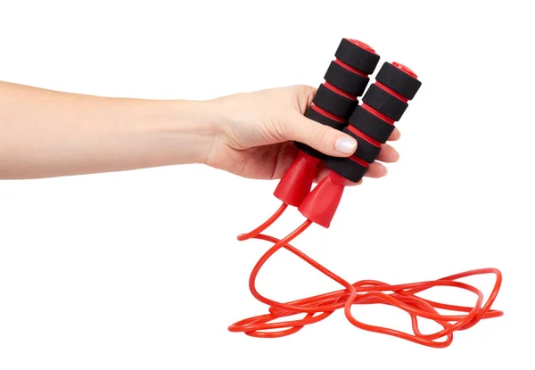 Red Springtouw Met Hand Voor Fitness Sport Leven Geïsoleerd Witte — Stockfoto