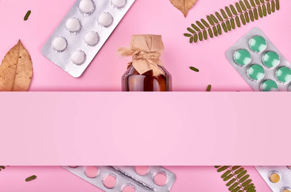 Medicine Background Pharmacy Pharmaceutical Pills Pink Backdrop Flat Lay Image — Stock Photo, Image