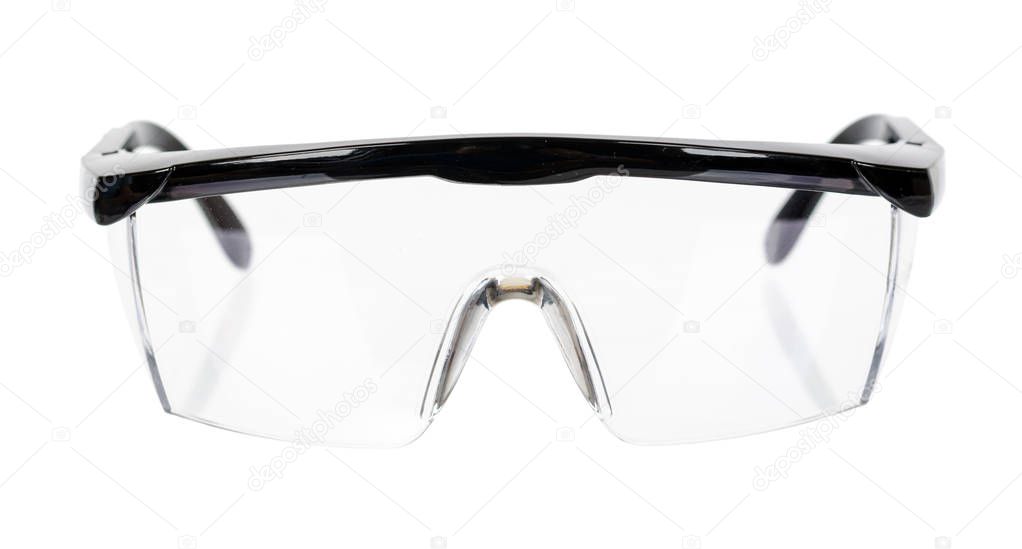 Protective workwear to protect human eyes, safety glasses. Isolated on white background