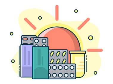 çeşitli ilaçlar ve kapsayıcılar tıbbi kümesi. Satır resmi, düz stil vektör