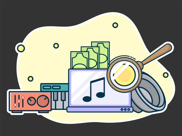 Музыкальный Рынок Денежными Знаками Концепция Платной Звуковой Индустрии Линейное Искусство — стоковый вектор