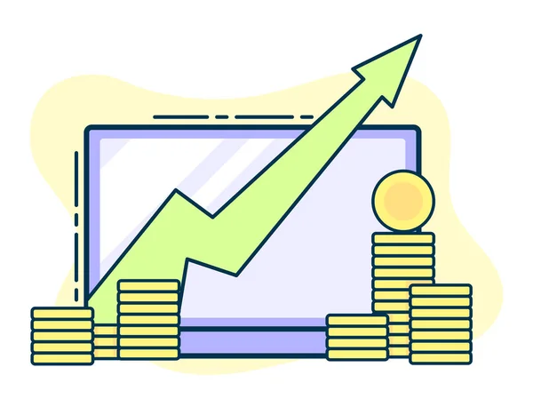 Pile Coins Growing Arrow Laptop Business Success Concept Line Art — Stock Vector