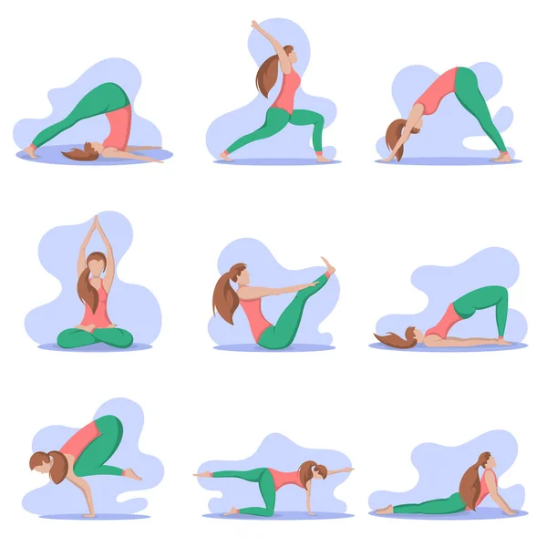 Hermosa Mujer Entrenando Posturas Yoga Chica Ejercicios Pilates Vector Ilustración — Archivo Imágenes Vectoriales