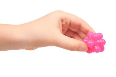 Çocuklar el Masaj, sağlık kavramı için pembe dikenli top ile. Beyaz arka plan üzerinde izole