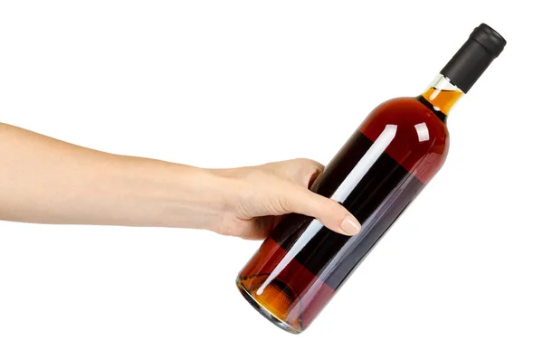 Gesloten Fles Wijn Met Hand Alcohol Verslaving Concept Geïsoleerd Witte — Stockfoto
