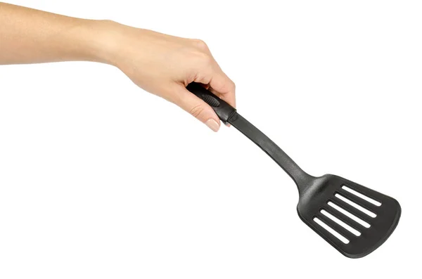 Mano Con Espátula Cocina Plástico Negro Utensilios Cocina Para Cocinar —  Fotos de Stock