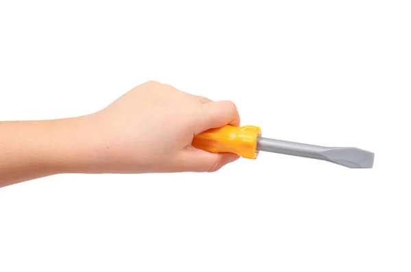 Hand Van Kinderen Met Gele Speelgoed Schroevendraaier Reparatieset Geïsoleerd Witte — Stockfoto