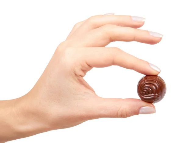 Mão Com Chocolate Doce Sobremesa Closeup Doce Isolado Sobre Fundo — Fotografia de Stock